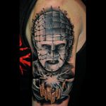Amazing linework and shading in this tattoo by Benjamin Laukis #hellraiser #CliveBarker #cenobite #horror #movie #pinhead #BenjaminLaukis