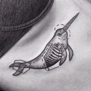 Narwhal tattoo by Alexey. #narwhal #blackwork #bone #skeleton
