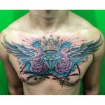 Intricate diamond chest piece by Nando Gonçalves #NandoGonçalves #diamondtattoo #colortattoo #chest #wings #crown #rose #splashes