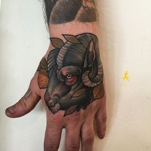 Ram Hand Tattoo by Mitchell Allenden #ram #ramtattoo #neotraditionalram #hand #handtattoo #handtattoos #neotraditionalhandtattoo #neotraditional #neotraditionaltattoo #neotraditionaltattoos #MitchellAllenden