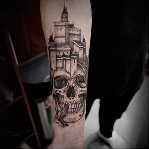 Cool castle skull tattoo by Oked #Oked #blackwork #surrealistic #portrait #castle #skull