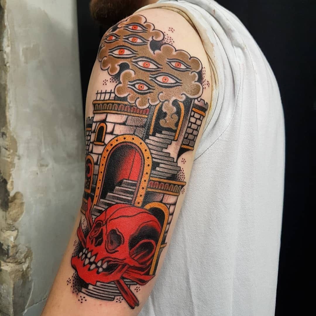 Tattoo uploaded by Tattoodo • Skull, stairs and smoke tattoo by Victor  Kludge #VictorKludge #skulltattoos #color #traditional #surreal #darkart # stairs #building #architecture #eyes #smoke #skull #bones #death #thirdeye  #tattoooftheday • Tattoodo