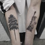Central Park Trees and the Statue of Liberty. Tattoo by Sol tattoo #soltattoo #sol #newyorktattoos #newyorkcity #NYC #blackandgrey #realism #realistic #hyperrealism #illustrative #tree #statueofliberty #statue