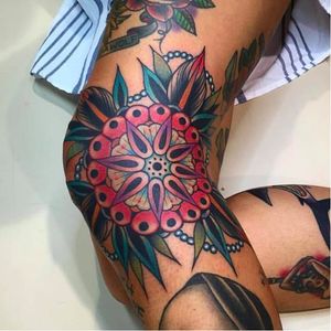 Traditional flower mandala tattoo by Kirk Jones, photo from Good Luck Tattoo Facebook page. #flower #mandala #KirkJones #mandalatattoo #traditional