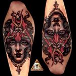 Demon and Lady Ambigram Tattoo by Alan Ferioli @Alanferiolitattoo #Alanferiolitattoo #Neotraditional #Woman #Girl #Lady #StayGoldTattoo #Ambigram #Demon