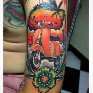 Vespa tattoo by Angga Nugraha (via IG -- magicinkmagz) #AnggaNugraha #vespa #vespatattoo #scooter #scootertattoo
