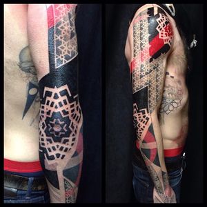 Tattoo by Cory Ferguson #geometric #dotwork #blackwork #redink #CoryFerguson