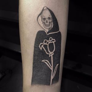Death is a kind friend by Scott Campbell #scottcampbell #blackwork #linework #skull #death #grimreaper #illustrative #flower #bones #tattoooftheday