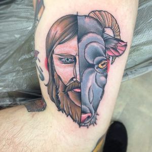 Daniel Bryan as half man, half goat. Tattoo by Kevin Lockwood. #DanielBryan #wrestling #goatface #goat #neotraditional #KevinLockwood