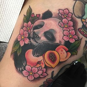 Sleepy panda tattoo by Clare Clarity. #panda #fruit #flowers #neotraditional #ClareClarity