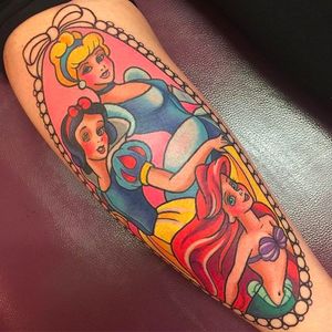 Disney Princesses Tattoo by Sarah K @SarahKTattoo #SarahKTattoo #SouthAustralia #Neotraditional #Colorful #Pop #bright_and_bold #Neotraditionaltattoo #DisneyTattoo #Ariel #Snowwhite #cinderella