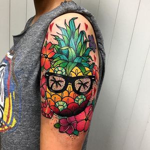 Multi-colored pineapple and flowers half sleeve by Roberto Euán. #cute #kawaii #colorful #RobertoEuán #pineapple #fruit #flowers