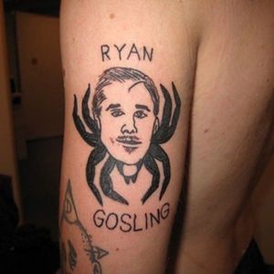 Funny Tattoos: Ryan Gosling portrait #funnytattoos #fail #bad #portrait #ryangosling #spiderman #spider