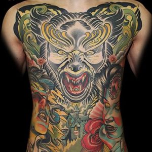 Creepy neo traditional full front piece by Justin Acca. #neotraditional #JustinAcca #creepy #demons #flowers #vampire