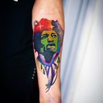 Jimi Hendrix tattoo by Katusza Kwiatkowska #katuszakwiatkowska #musictattoos #color #watercolor #abstract #illustrative #graphicart #popart #stars #mushrooms #JimiHendrix #psychedelic #singer #music #60s