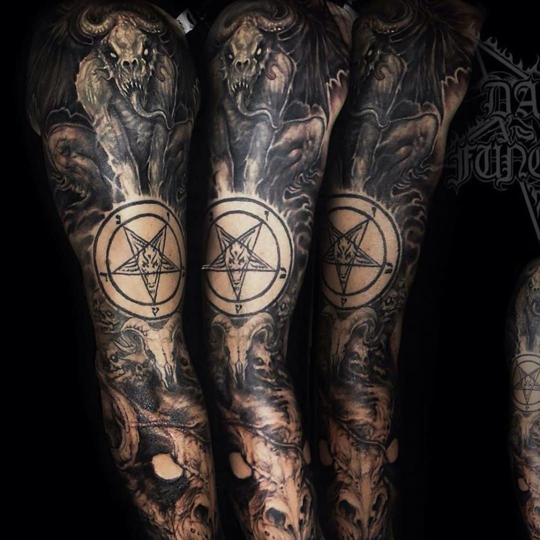 A satanic sleeve featuring the Sigil of Baphomet by Carlos Aguilar (IG—blac...