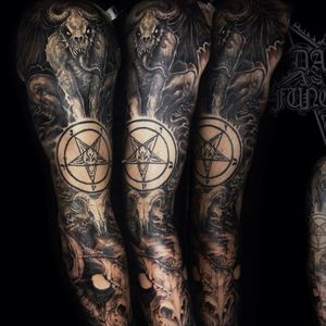 A satanic sleeve featuring the Sigil of Baphomet by Carlos Aguilar (IG—blackshadowstattoos). #Baphomet #blackandgrey #CarlosAguilar #Satanism #SigilofBaphomet