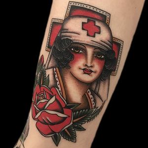 Traditional nurse and rose by Becca Genné-Bacon #BeccaGenneBacon #color #traditional #nurse #rose #tattoooftheday