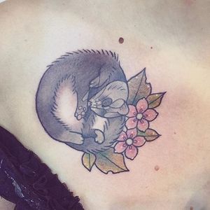 Sleepy ferret tattoo by Lunie Chan. #traditional #ferret #flowers #LunieChan #animal #cute #critter #carnivore #creature #pet