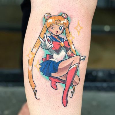 Sailor Moon tattoo by Jimm Yimier #JimmYimier #sailormoontattoos #color #newschool #newtraditional #anime #manga #sailormoon #usagi #hero #superhero #goddess #stars #lady #portrait #moon #peacesign