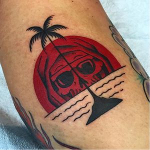 Sunset skull tattoo by Frankie Caraccioli #FrankieCaraccioli #paradise #death #skull #sunset #palmtree