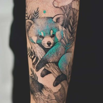 Red panda tattoo by Dzo Lama #DzoLama #watercolortattoos #color #blackandgrey #linework #illustrative #redpanda #animal #leaves #nature #cute