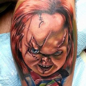 Terrifying Chucky tattoo by Rodney Eckenberger. #Chucky #ChildsPlay #horror #doll #realism #colorrealism #RodneyEckenberger
