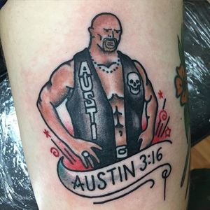 A traditional spin on a Stone Cold Steve Austin tattoo. Tattoo by Petey Woelfling. #SteveAustin #StoneCold #StoneColdSteveAustin #wrestling #WWF #WWE #traditional #banner #Austin316 #PeteyWoelfling