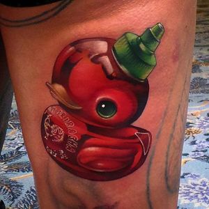 Sriracha rubber ducky tattoo by Steven Compton. #newschool #rubberduck #StevenCompton #rubberducky #sriracha #hotsauce