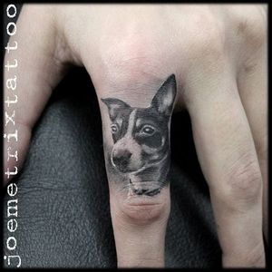 Tiny dog finger tattoo by Joe Metrix. #blackandgrey #realism #dog #tiny #miniature #JoeMetrix