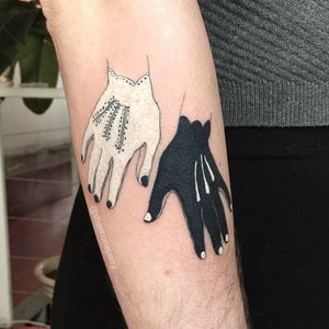 Gloves tattoo by Shannon Perry #ShannonPerry #fashiontattoo #blackink #whiteink #linework #gloves #hands #nails #style #fashion #1930s #vintage #clothing #surreal #tattoooftheday