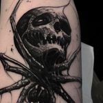 Another spider skull tattoo by Brandon Herrera. #brandonherrera #darktattoos #skull #blackwork #btattooing
