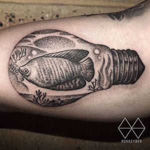 Fish Light Bulb Tattoo by Monkey Bob #lightbulb #fish #dotwork #MonkeyBob