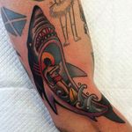 Surfer Shark Tattoo by Sam Kane #SharkTattoos #SharkTattoo #Shark #SamKaneShark #SamKaneSharkTattoos #CreativeSharkTattoos #AustralianTattooArtists #SamKane