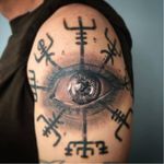 Realistic eye tattoo made at High Society Tattoo Studio #vegvisir #HighSociety #vikingcompass #viking #symbol #realistic #blackandgrey #eye