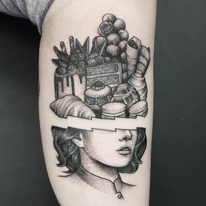 All I think about are desserts tattoo by Oddhouse #Oddhouse #desserttattoos #blackandgrey #realism #realistic #mashup #dessert #food #foodtattoo #portrait #cake #macarons #croissant #ladyhead #fruit #rose