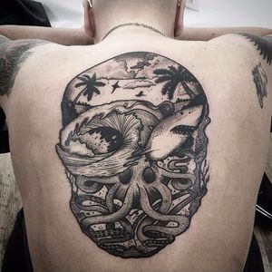 Optical illusion skull tattoo by Bombayfoor #Bombayfoor #sketch #sketchstyle #illustrative #surrealistic #opticalillusion #skull #shark #octopus #ocean #wave