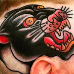 Brutal looking panther on head by Shannon Hodgkin. #shannonhodgkin #traditionaltattoos #traditional #panther #pantherhead #animal