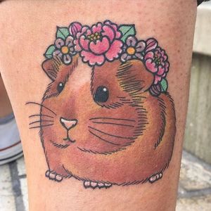 Chubby guinea pig with a pastel flower crown. Tattoo by Meri. #cute #pastel #flower #flowercrown #guineapig #Meri #tattosbymeri #traditional