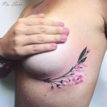 Watercolor Peach Blossoms by Pis Saro (IG—pissaro_tattoo) #sideboob #boob #side #floral #watercolor #flowers