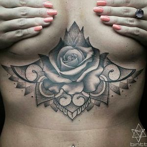 Rose sternum tattoo by Bintt #Bintt #underboob #sternum #rose #dotwork