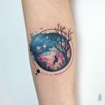 Watercolor galaxy tattoo by Yeliz Ozcan #YelizOzcan #watercolortattoos #color #painterly #watercolor #galaxy #space #stars #swing #tree #forest #play #kid #shape #circle #dots