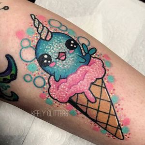 Narwhal Ice Cream tattoo by Keely Glitters #KeelyGlitters #desserttattoos #color #newtraditional #newschool #glitter #sparkle #icecream #narwhal #pink #sweets #wafflecone #candy #cute