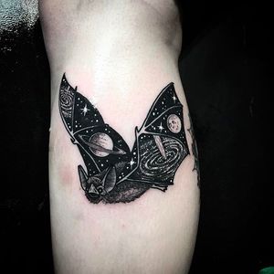 Starry Bat Tattoo by Merry Morgan @Merry_tattooer #MerryMorgan #MerryTattooer #black #blackwork #blckwrk #starrytattoo #starrynight #blacktattooing #btattooing #BlackInc #Bat