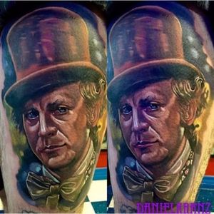 Cool colorwork in this portrait. Tattoo by Daniel Kranz #WillyWonka #RoaldDahl #chocolate #movie #retro #childhood #portrait #movieportrait