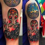 Alien and girl tattoo by Jon Larson @LarsonTattoos111 #JonLarson #LarsonTattoos #Neotraditional #Bright #Bold #Alien #UFO #Extraterrestrial #Girl