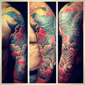 Full sleeve tattoo by Adam Craft #kiwiana #bird #birdtattoo  #fantail #tui #Pohutukawa #adamcraft #newzealand