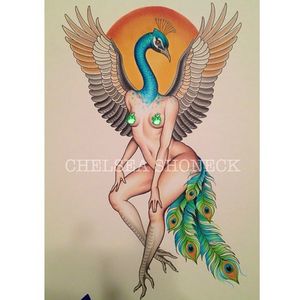 Peacocking by Chelsea Shoneck (via IG-chelseashoneck) #weird #neotraditional #pinup #animal #color #ChelseaShoneck