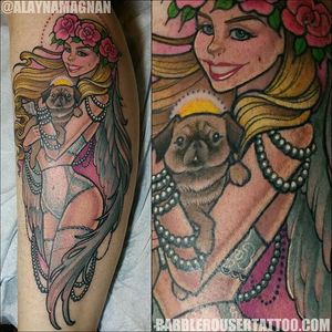 Lingerie pin-up and her cute puppy. Tattoo by Alayna Magnan. #pinup #dog #lingerie #neotraditional #AlaynaMagnan