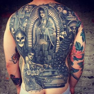 A badass back-piece of Chicano imagery done in the traditional style by Eli Quinters (IG—eli_quinters). #Brooklyn #EliQuinters #NYCtattooshops #SmithStreetTattooParlour